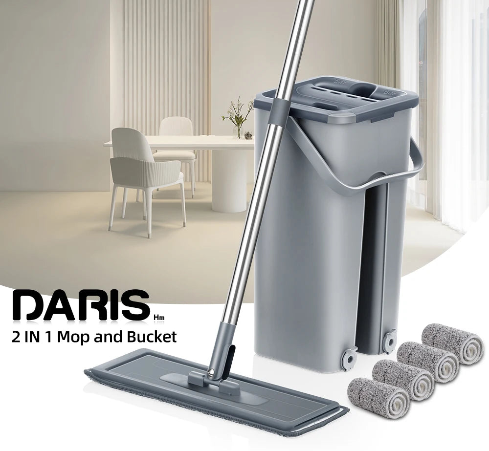 Hands-Free Flat Floor Mop and Bucket Set